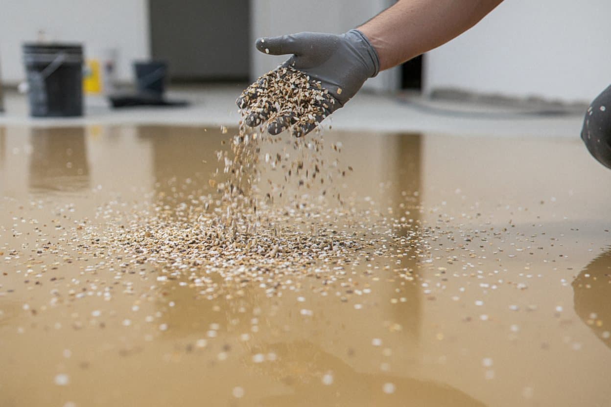 Broadcasting vinyl flakes over wet base