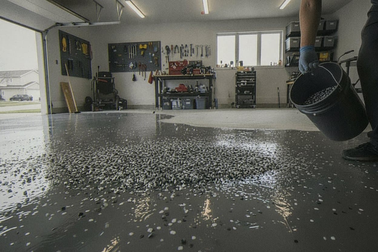 Worker applying wet epoxy base coat