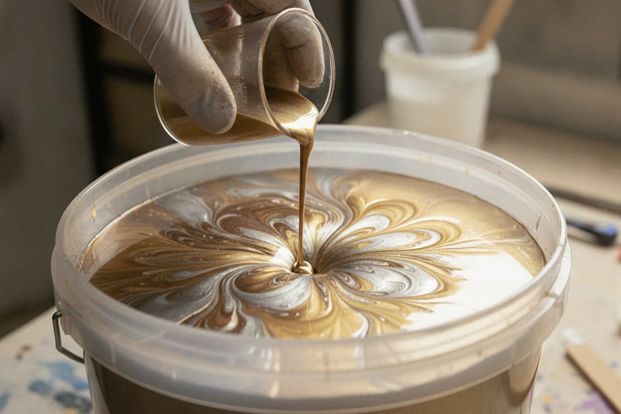 Swirling mica pigment during pour